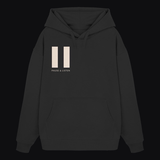 Schwarzer schwerer Oversized-Hoodie, cremefarbenes Pause-Zeichen auf der Brust